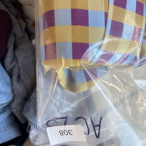 LHD Blue Plum Yellow Gingham Button Down Short Sleeve Silk Dress Size 4 - Picture 12 of 12